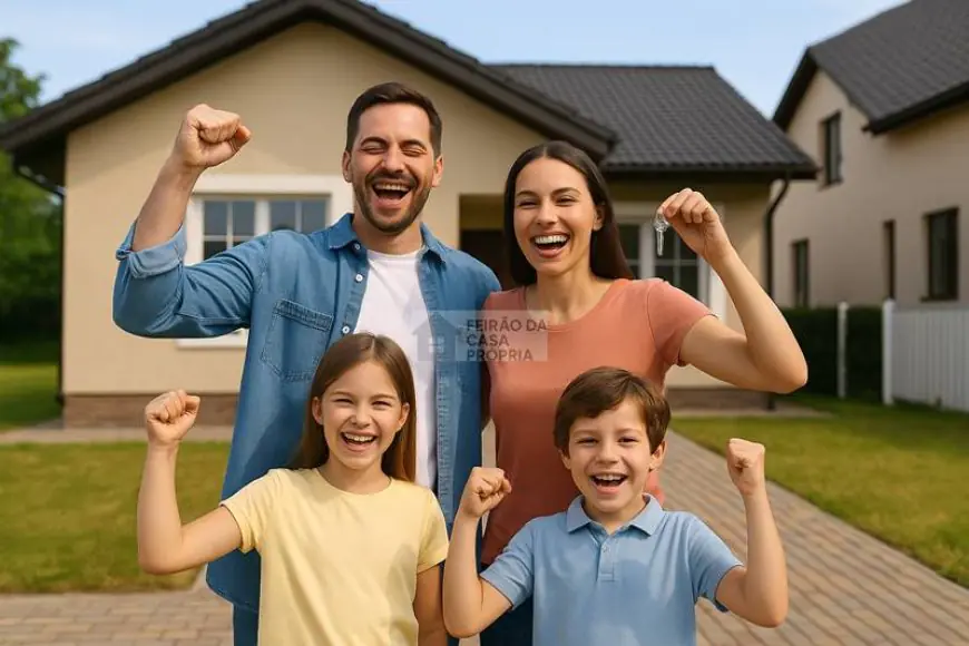 Família feliz na frente da casa própria em Sorocaba-SP com IPTU pago