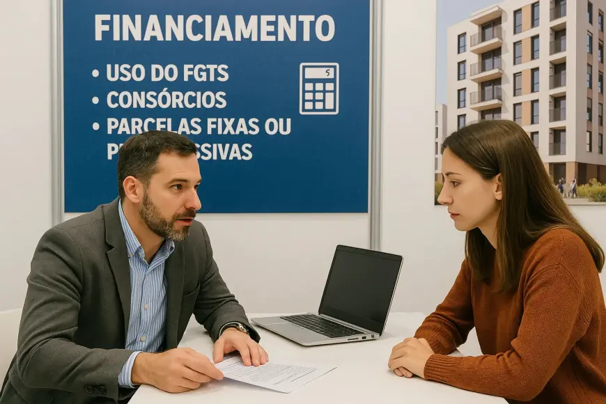 Consultor explicando condições de financiamento durante evento imobiliário