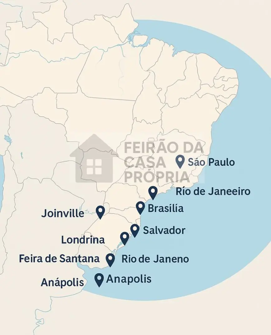 Mapa do Brasil com cidades que recebem eventos imobiliários nacionais
