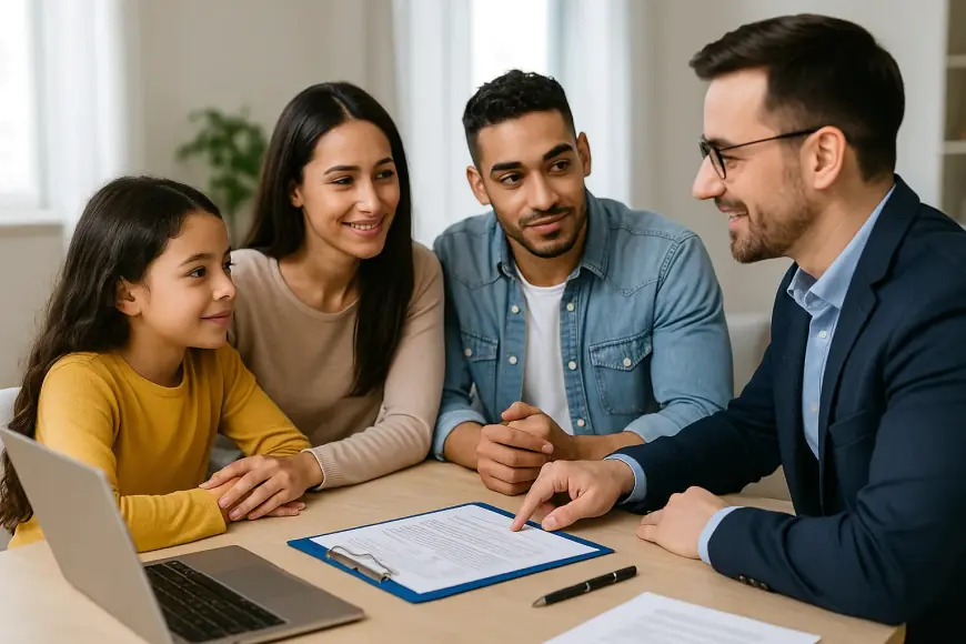 Família conversando com consultor sobre financiamento habitacional